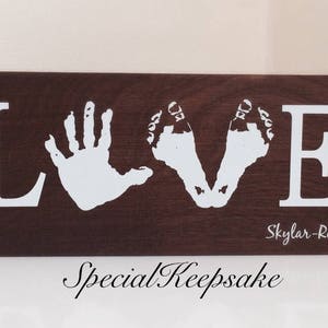 Personalised Family Baby Child Children Handprint Love Freestanding Wooden Wall Art Plaque Bespoke Nursery Bedroom Decor Keepsake Footprint