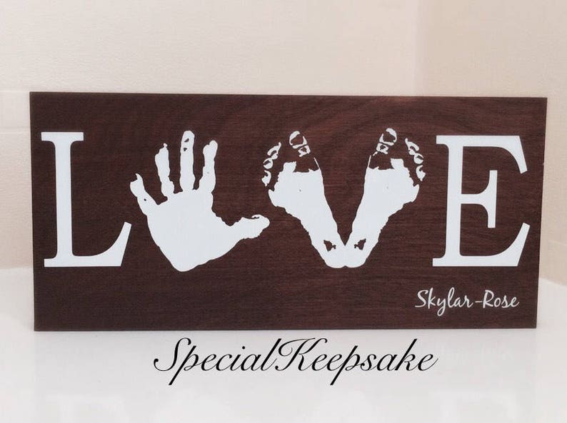 Personalised Family Baby Child Children Handprint Love Freestanding Wooden Wall Art Plaque Bespoke Nursery Bedroom Decor Keepsake Footprint image 1