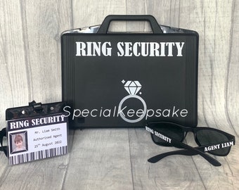 Ring Security Black Box Briefcase Sunglasses Agent Badge Ring Bearer Page Boy Bridesmaid Usher Best Man Bride Groom Wedding Wooden Toy Gun