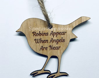 Robins Appear When Angels Are Near Oak Veneer Wooden Christmas Tree Decoration Ornament Memorial Heaven Bauble Gift Keepsake Quote Grief