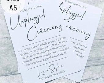 Personalised A5 A6 Unplugged Ceremony Wedding Card Polite Notice No Phones Mr & Mrs Guest Family Friend Bride Groom Day Reception Venue Sign
