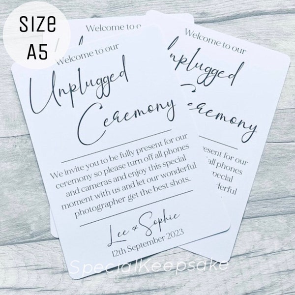 Personalised A5 A6 Unplugged Ceremony Wedding Card Polite Notice No Phones Mr & Mrs Guest Family Friend Bride Groom Day Reception Venue Sign
