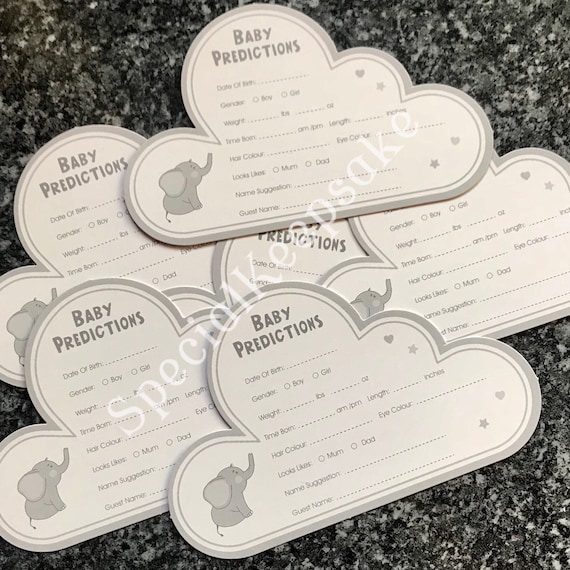 20 Baby prediction cards grey cloud shape with elephant theme baby shower game