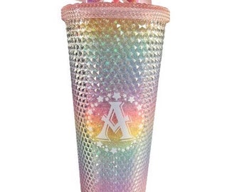 Personalised Initial Studded Tumbler Hot Cold Cup With Bow Pink Rainbow Design Double Walled 24oz Wedding Birthday Christmas Gift Coffee Tea