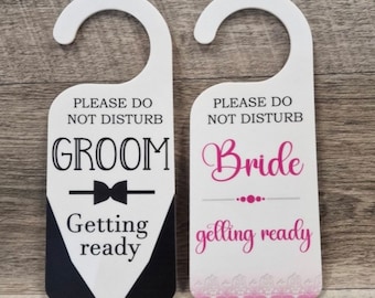 Do Not Disturb White Acrylic Bride Groom Door Hanger Wedding Day Marriage Mr & Mrs Bride Bridal Party Getting Ready Venue Polite Sign Notice