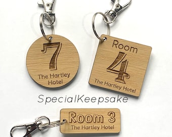 Personalised Hotel B&B Guesthouse Keyring Room Number Tags Engraved Oak Veneer Wooden Door Keychain Holiday Home Guests Visitors Business