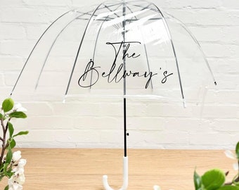 Personalised Clear White Wedding Day Umbrella Outdoor Photos Rain Mr Mrs Bride Groom Winter See Through Transparent Brolly Custom Name Gift