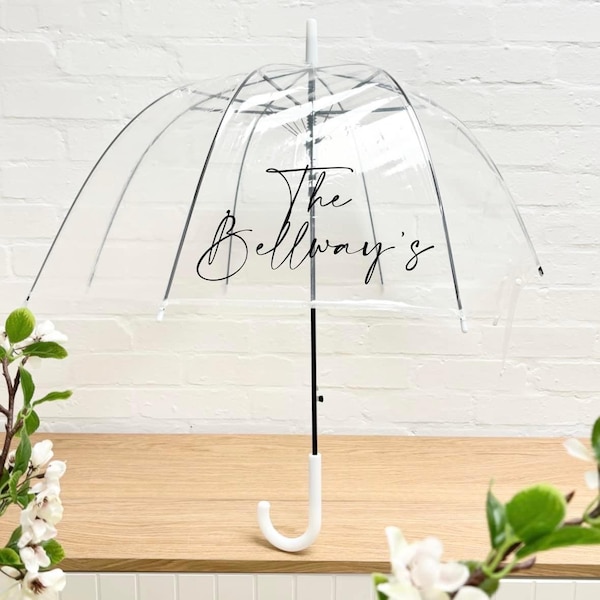 Personalised Clear White Wedding Day Umbrella Outdoor Photos Rain Mr Mrs Bride Groom Winter See Through Transparent Brolly Custom Name Gift