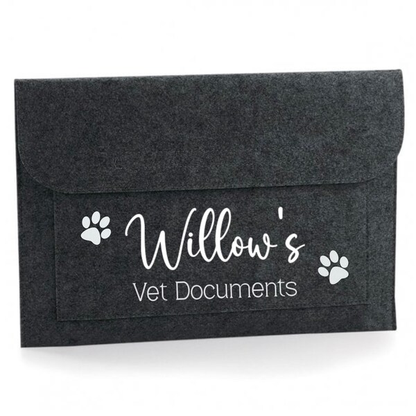 Personalised Vet Insurance Important Documents Holder Animal Pet Cat Dog Grey Black Navy Felt Velcro Wallet Folder Home Organiser Paperwork