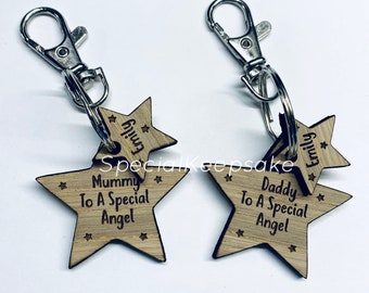 Personalised Oak Wooden Double Angel Baby Memorial Keyring Heaven Death Grief Infant Loss Miscarriage Keepsake Mummy Daddy Matching Gift