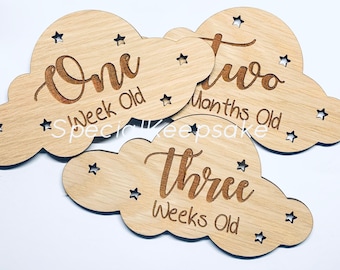 Cloud Wooden Oak Veneer Baby Newborn Milestone Cards New Baby Shower Gift Photo Prop Keepsake One Two Three Months Photoshoot Neutral Sky