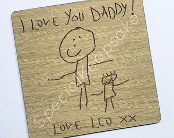 Personalised Drawing Picture Coaster Oak Wood Mother's Day Father's Day Birthday Gift Unique Children Kids Writing Beer Coffee Place Mat