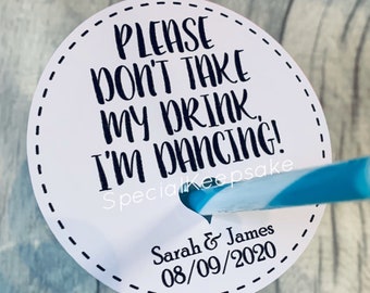 Personalised Please Don’t Take My Drink I’m Dancing Wedding Wine Beer Alcohol Glass Card Cover Protector Mr Mrs Bride Groom Guest Table Gift