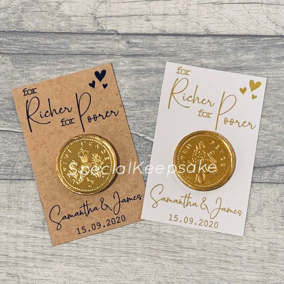 Boda personalizada Monedas de chocolate Más rico Pobre Favor Favor Sr. y  Sra. Novio Invitado Recuerdo Mesa Regalo Decoración Tarjetas Recepción -   España