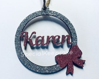 Personalised Wooden Christmas Tree Bauble With Name & Bow Decoration Glitter Sparkle Keepsake Ornament Santa Handmade Family Name Gift Home