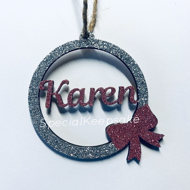 Personalised Wooden Christmas Tree Bauble With Name & Bow Decoration Glitter Sparkle Keepsake Ornament Santa Handmade Family Name Gift Home image 1