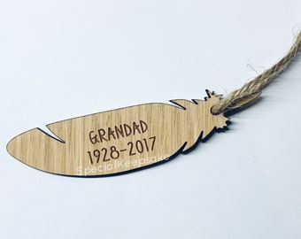 Personalised Wooden Oak Veneer Feather Christmas Tree Decoration Memorial Heaven Angel Feathers Remembrance Grief Death Loss Keepsake Gift