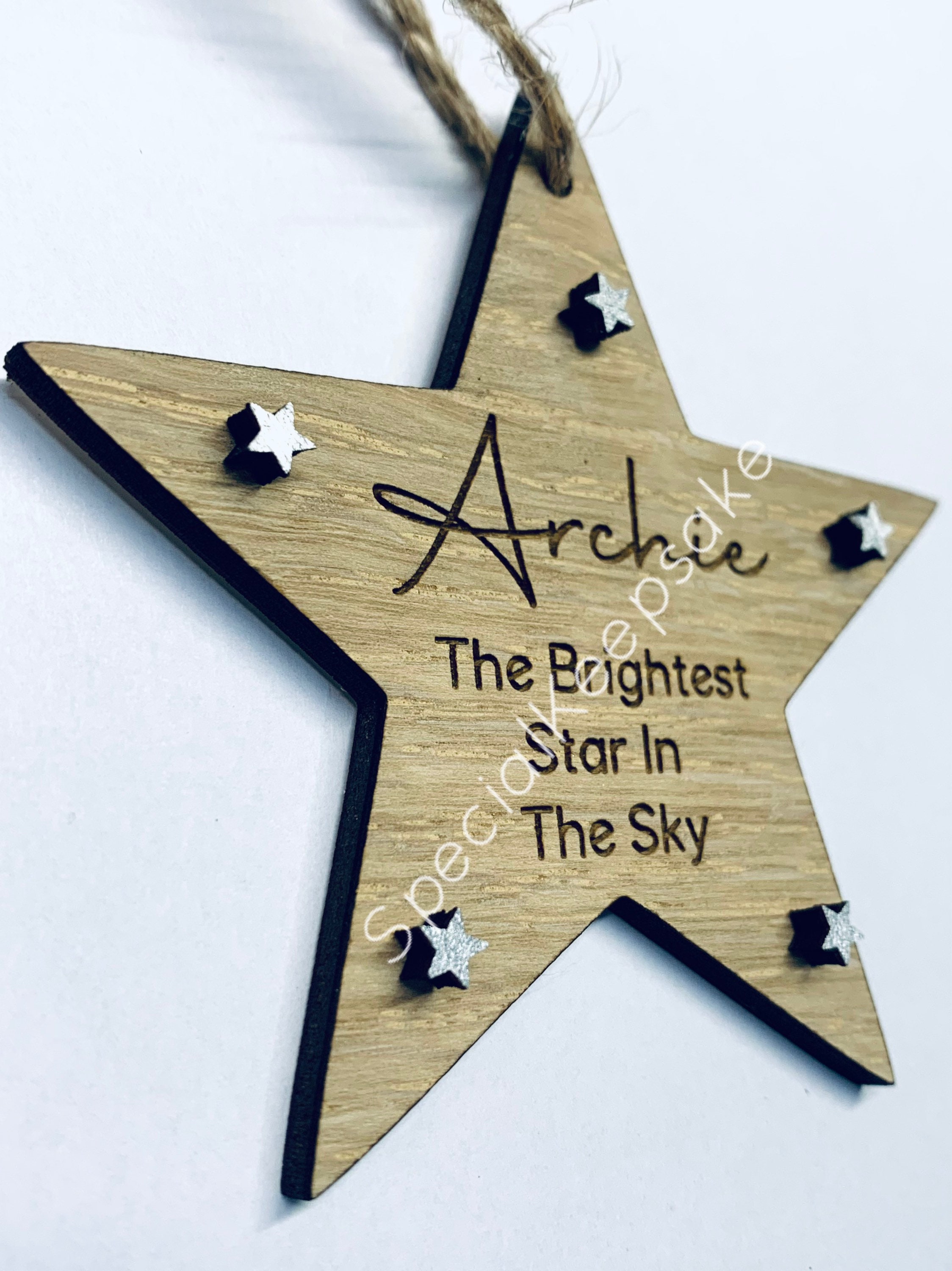 Personalised Brightest Star Glitter Oak Wooden Angel Baby Heaven Memorial Grief Infant Miscarriage Keepsake Christmas Tree Bauble Decoration