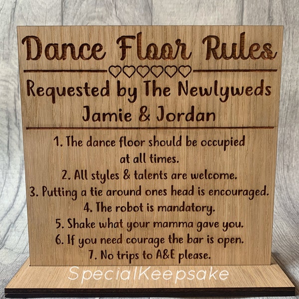 Personalised Wedding Dance Floor Rules Polite Funny Sign Notice Board Bride Groom Mr Mrs Guest Party Request Standing Plaque Table Top Sign