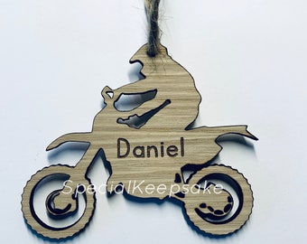 Personalised MX Dirt Bike Motorbike Oak Engraved Wooden Bauble Decoration 2024 Keepsake Gift For Boy Girl Him MX Rider Tree Bauble Crosser