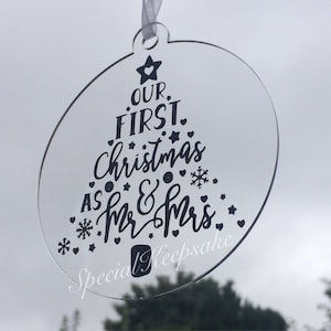 Our First Christmas As Mr & Mrs 2024 2025 2026 1st Christmas Tree Bauble Decoration Ornament Bride Groom Newlywed Acrylic Clear Wedding Gift image 3