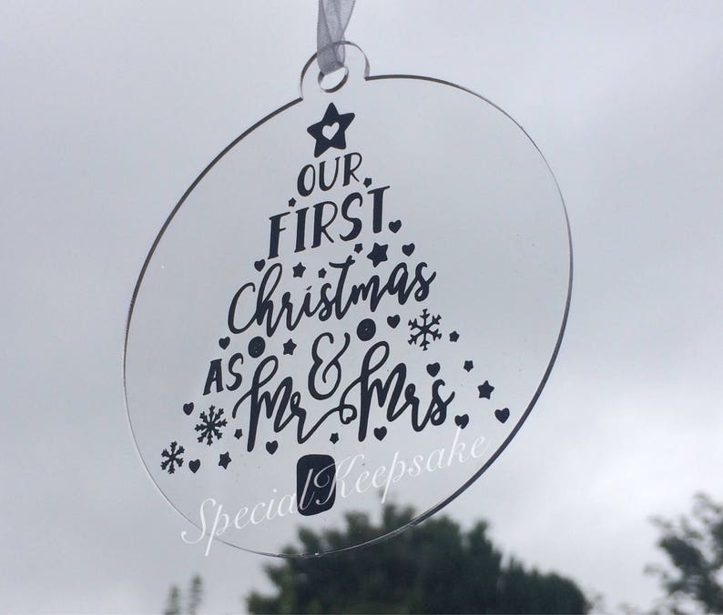 Our First Christmas As Mr & Mrs 2024 2025 2026 1st Christmas Tree Bauble Decoration Ornament Bride Groom Newlywed Acrylic Clear Wedding Gift image 3