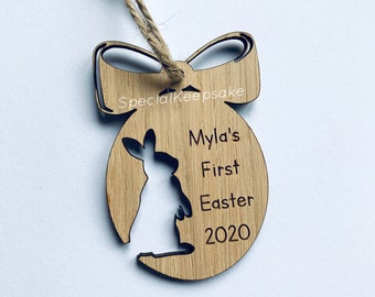 Personalised Wooden Oak Veneer Easter Egg Gift Baby Children Keepsake First Easter Alternative Chocolate Bunny Decoration Name Kids Hamper