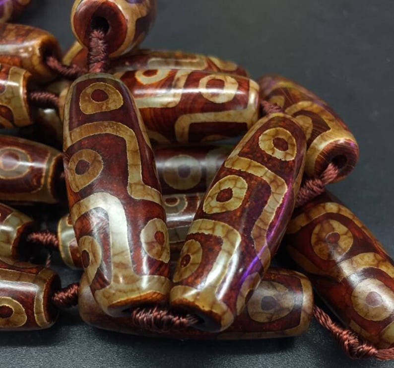 8pcs,Nine Eyes Tibetan Agate Rice Point beads,Brown Dzi Agate Long Barrel Gems,Vintage Style Pendant DIY Necklaces Bracelet Jewelry