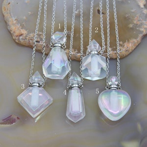 5 Shape AB Quartz Perfume Bottle Pendant Necklaces,Plated Chains Rainbow Aura White Crystal Essential Oil Diffuser Vial Charms Jewelry Gifts