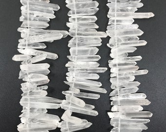 Full Strand 70pcs Raw Crystal Points Bulk,Rough White Quartz Spike Pendants,Top Drilled Rock Stone Crystal Stick Loose Beads Making Jewelry