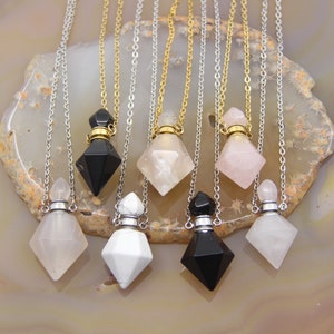 Double Gemstone Cone Perfume Bottle Pendant Necklace,Lapis/Obsidian/Rose Quartz/Agate Essential Oil Diffuser Vial Healing Chakra Charms