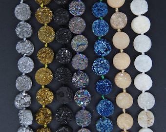 12mm Agate Drusy Beads, Flat Round Titanium Quartz Cabochons, 16pcs