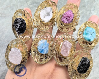 Raw Gemstone Nest Ring Gold Plated Rough Apatite Geode Tourmaline Turquoise Adjustable Finger Rings