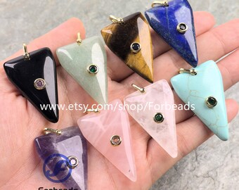 Triangle Gemstone With Inlaid Zircon Charms Crystal Quartz Arrow CZ Pendants DIY Jewelry Making