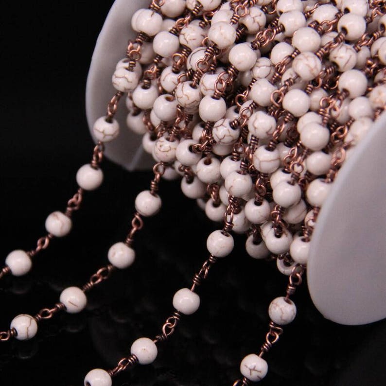 6mm,Plating Antique Red Bronze Wire Wrapped White Turquoises Round Bead Rosary Chain,Link Brass Howlite Sweater Chain Necklace Bracelets