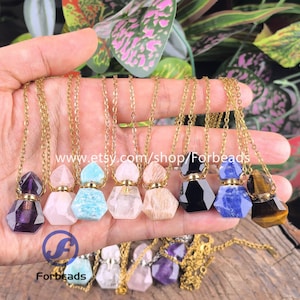 Mini Gemstone Perfume Bottle Necklace,Crystal Quartz Essential Oil Diffuser Pendants Silver/Gold Chains