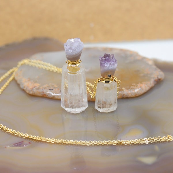 Geode Caps High Quality Clear Crystal Perfume Bottle Pendants Necklace,Quartz Gemstone Essential Oil Diffuser Vial Charms Wedding Jewelry