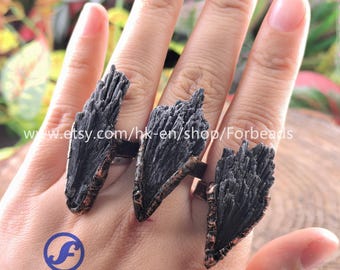 Raw Black Tourmaline Ring, Antique Copper Adjustable Gemstone Rings Retro Jewelry Gifts