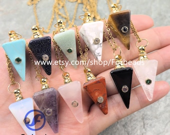 Gemstone Perfume Bottle Pendant With Inlaid Zircon,Crystal Triangle Cone Essential Oil Charms Necklace