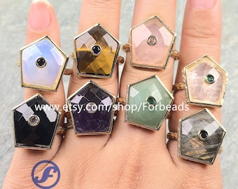 Faceted Quartz Ring With Inlaid Zircon Crystal Gemstone Geometry Slab Cabochon Adjustable Finger Rings