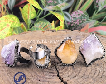 Raw Citrine Amethyst Nugget Ring, Antique Silver Adjustable Band