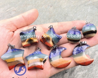 7 Chakra Gemstone Star Moon Pendants Healing Reiki Crystal Melkaba Ball Charms Necklace Jewelry