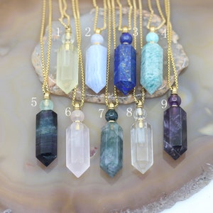 Wholesales Hexagon Prism Perfume Bottle Necklace Pendants,Moss Agate Amethyst Fluorite Gemstone Pointed Essential Oil Diffuser Vial Charms