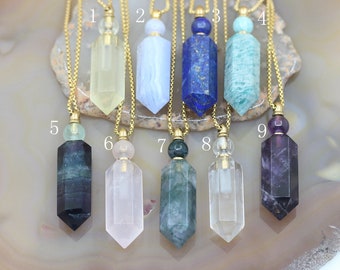 Wholesales Hexagon Prism Perfume Bottle Necklace Pendants,Moss Agate Amethyst Fluorite Gemstone Pointed Essential Oil Diffuser Vial Charms