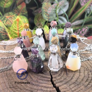 Silver Plated Faceted Quartz Perfume Bottle Pendant Necklaces Gemstone Essential Oil Diffuser Vial Charms