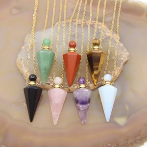 Faceted Cone Point Pendulum Perfume Bottle Pendant Necklace,Healing Crystal Obsidian Rose Quartz Gemstone Essential Oil Diffuser Vial Charms