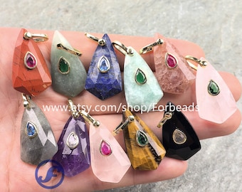 16x30mm Faceted Gemstone Teardrop Pendants With Inlaid Zircon Drop Charms Crystal Quartz Necklace Making
