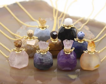 Gemstone Perfume Bottle Pendant, Crystal Essential Oil Diffuser Necklace