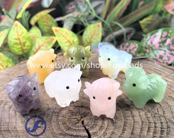 1.5Inch Carved Gemstone Highland Cattle Figurine Home Decoration,Crystal Yak Animal Statue Desk Decor
