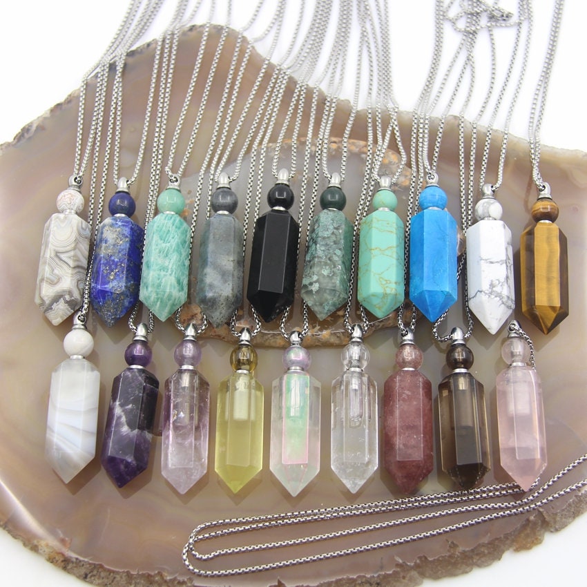 Wholesales Essential Oil Diffuser Vial Hexagon Prism Necklace Pendants,Moss Agate Amethyst Fluorite Gemstone Pointed Perfume Bottle Charms